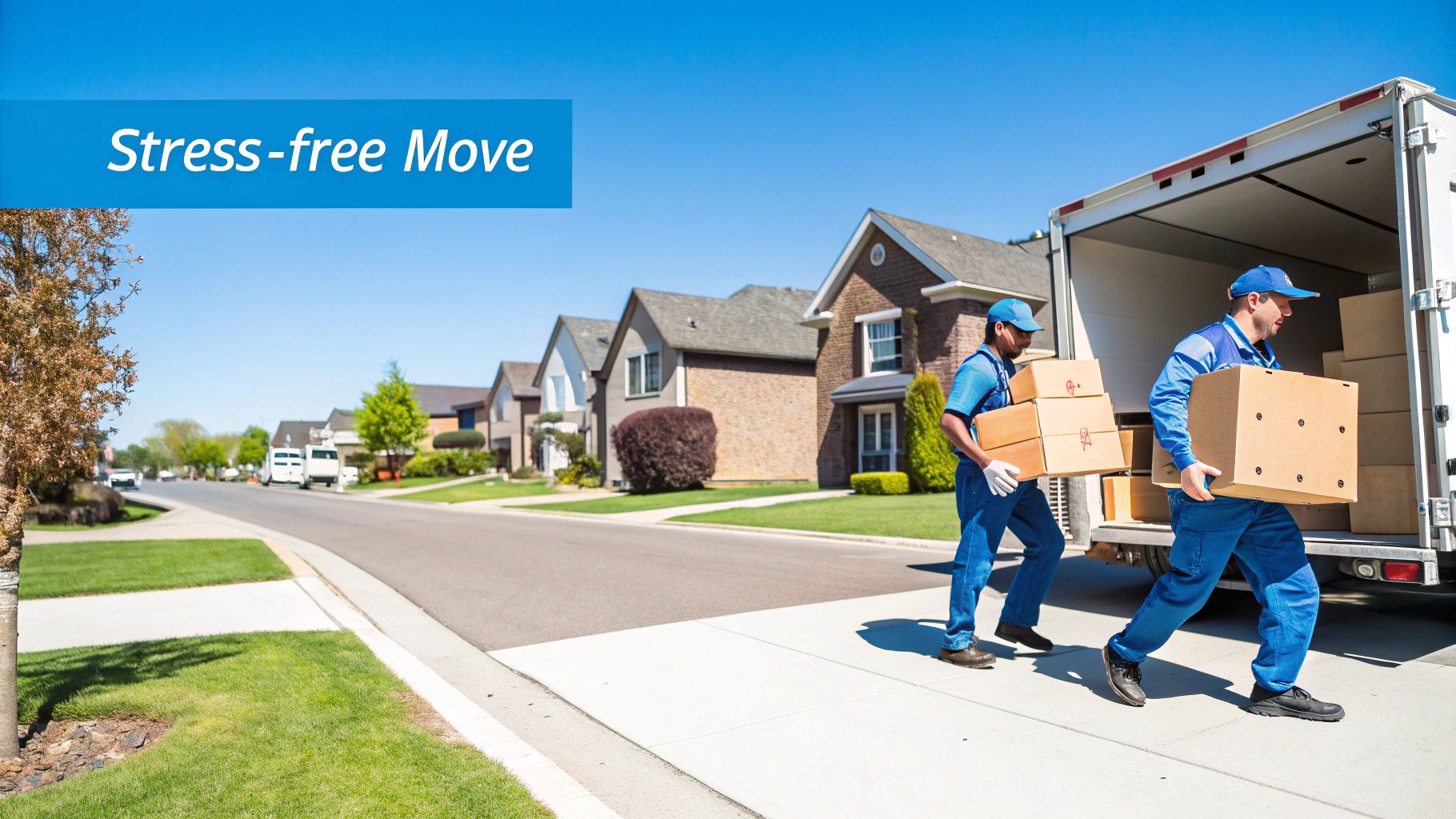 Two movers in blue uniforms load cardboard boxes onto a white moving truck on a sunny suburban street, with text overlay "Stress-free Move".