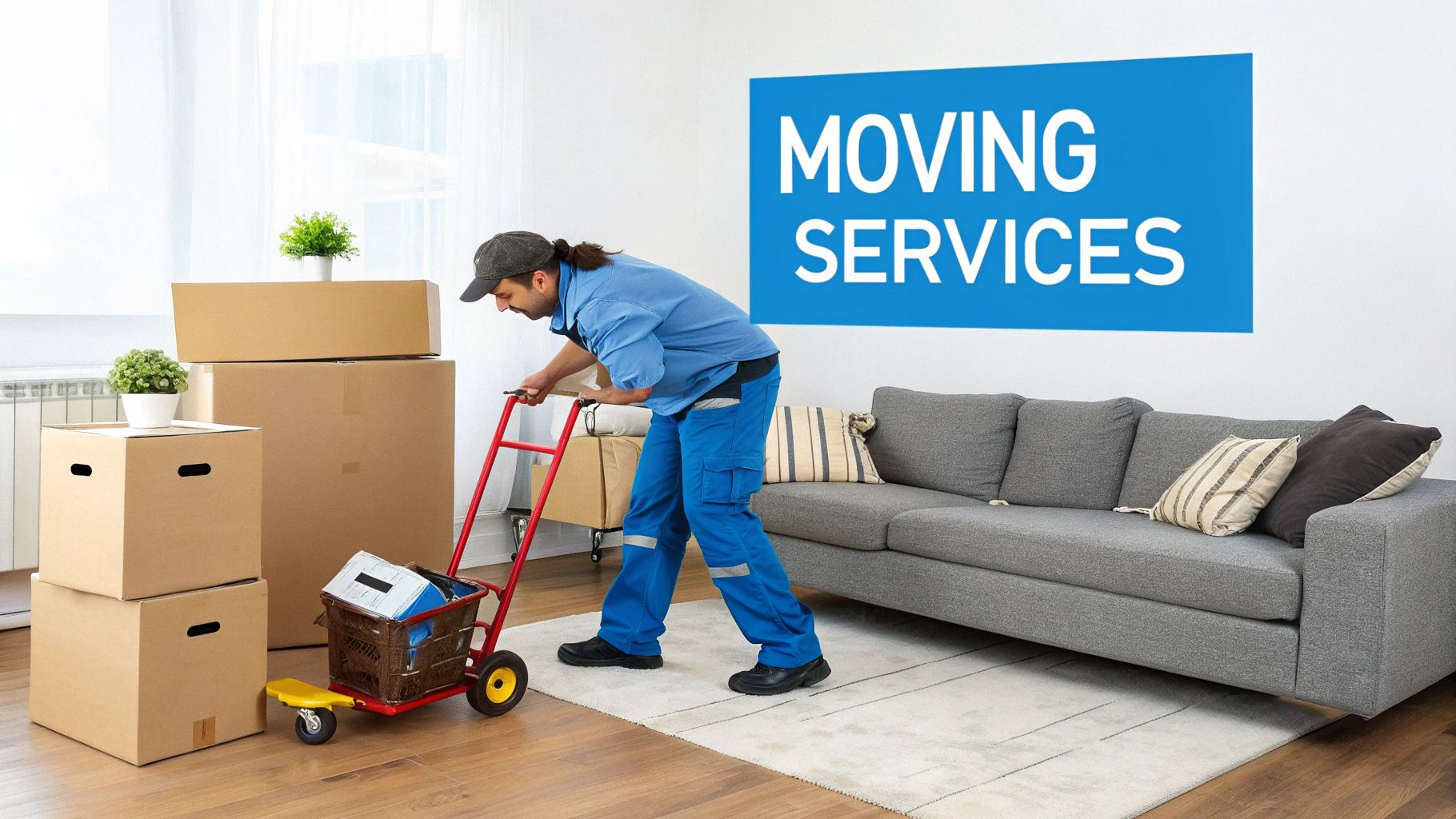 Professional mover pushing a hand truck with boxes in a room with a sofa and 'MOVING SERVICES' sign.