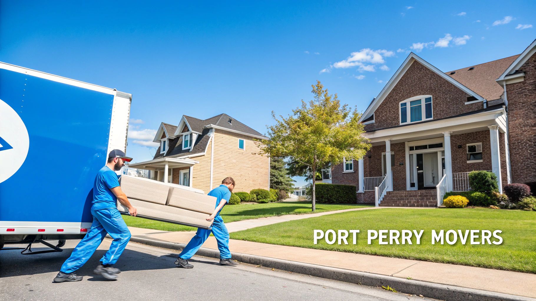 Two movers in blue uniforms carry a couch into a moving truck in a suburban neighborhood.