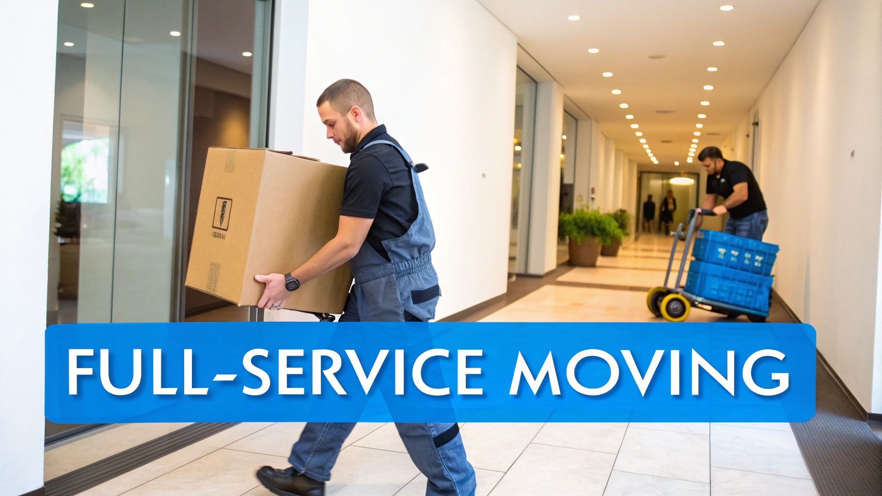 Two professional movers in a modern hallway, one carrying a box and another pushing a cart with crates for full-service moving.