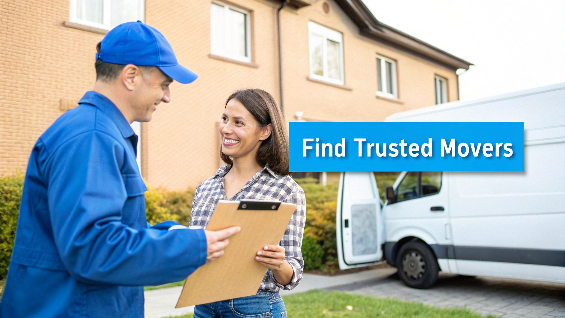 A professional mover in blue uniform talks with a smiling woman holding a clipboard near a moving van and house.