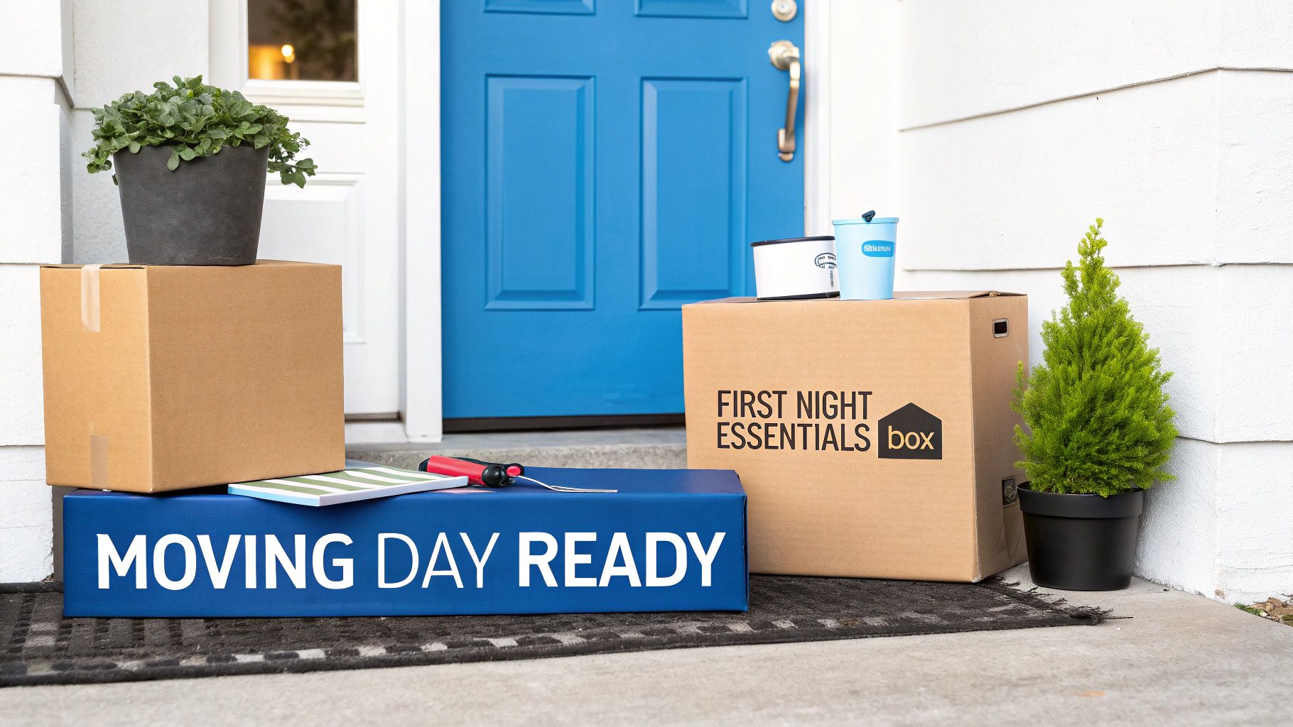 Moving boxes and potted plants are neatly arranged by a vibrant blue front door, ready for moving day.