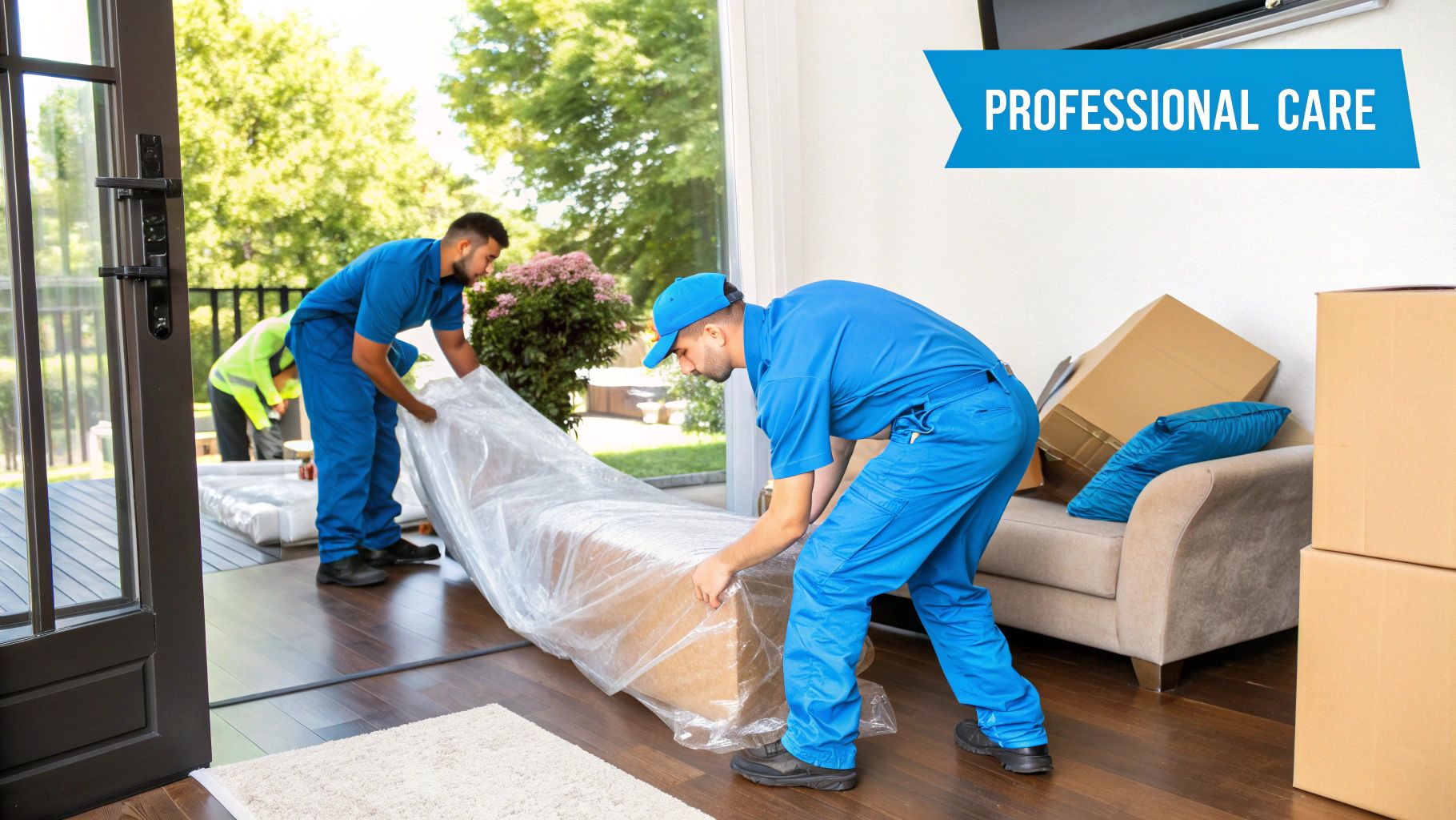 Professional movers in blue uniforms carefully carrying a large, plastic-wrapped furniture item into a home.