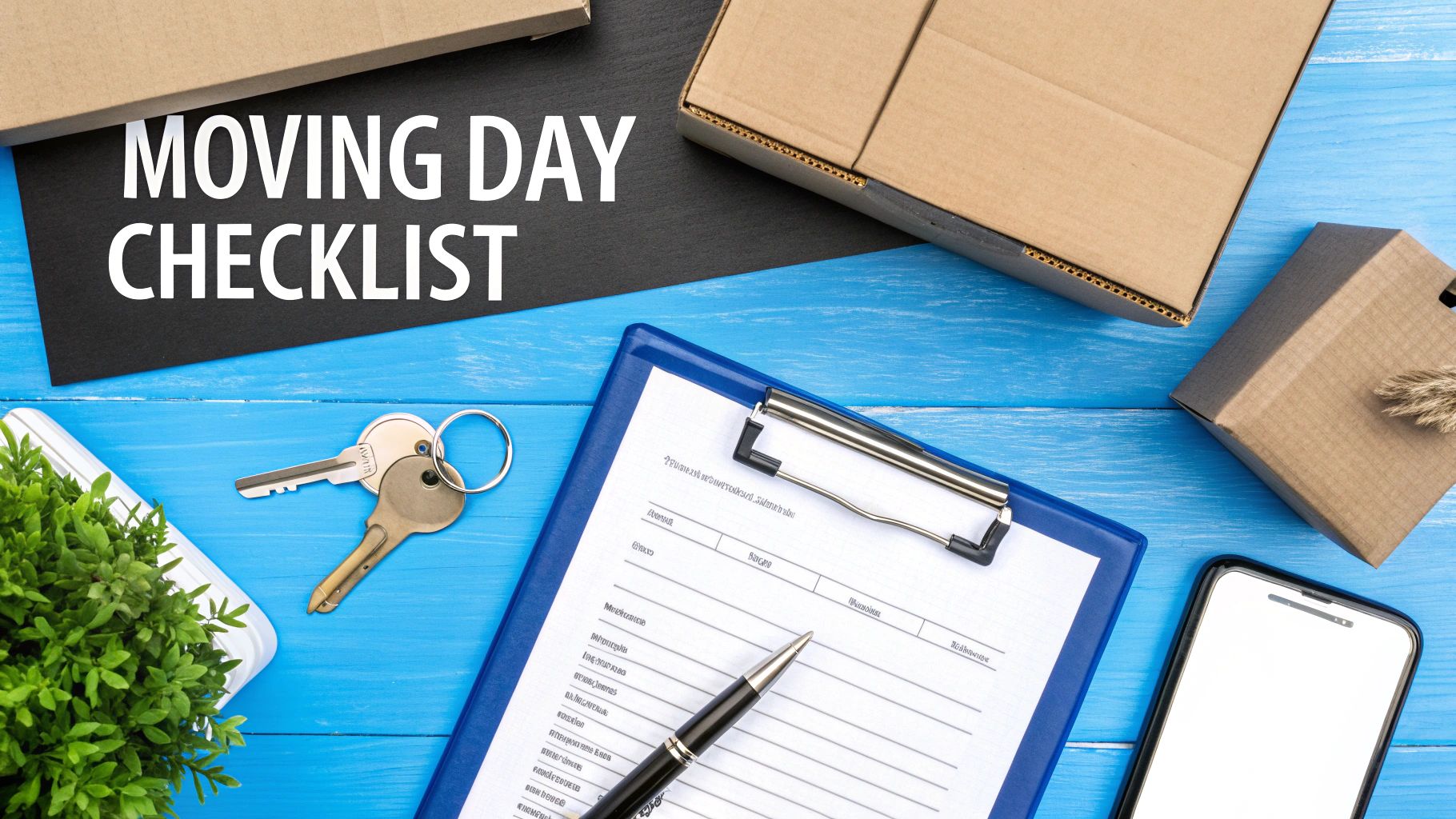Flat lay of a moving day checklist, boxes, house keys, and a plant on blue wooden background.