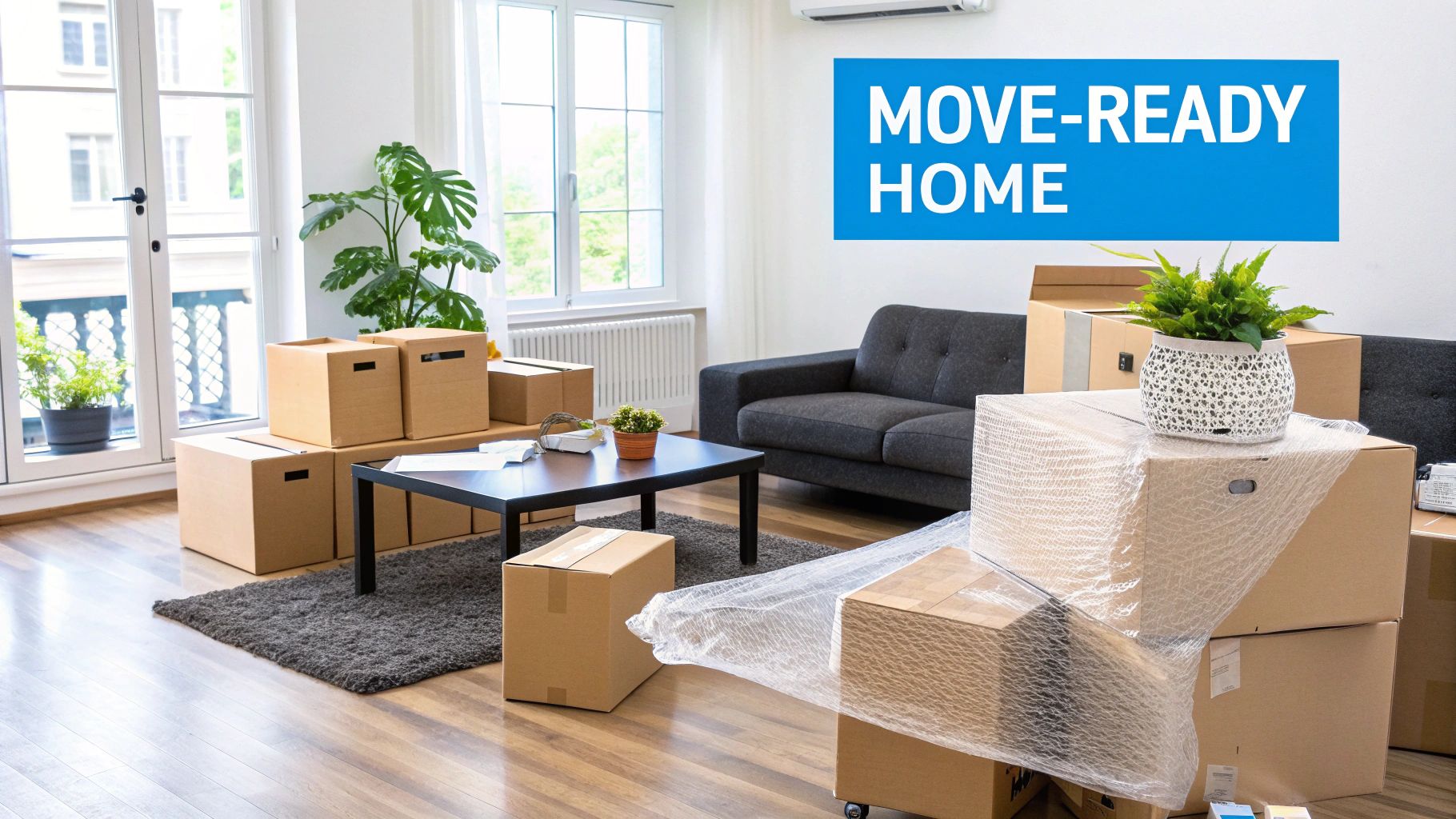 A bright living room filled with moving boxes, a sofa, coffee table, and plants, indicating a move-ready home.