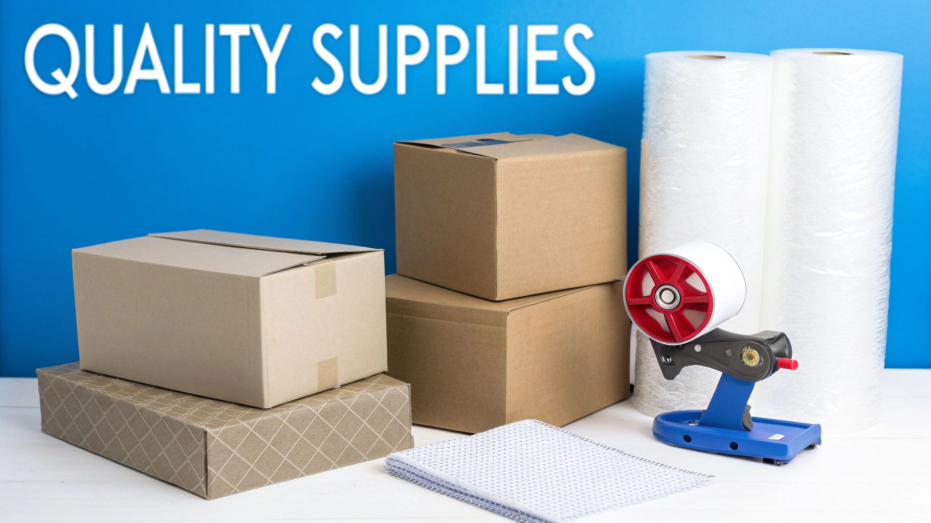 A variety of quality packing supplies including cardboard boxes, a tape dispenser, and wrap rolls on a table.