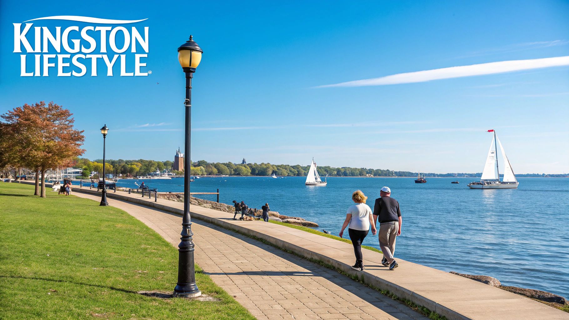 A couple walks along a sunny waterfront promenade with sailboats on the blue water.