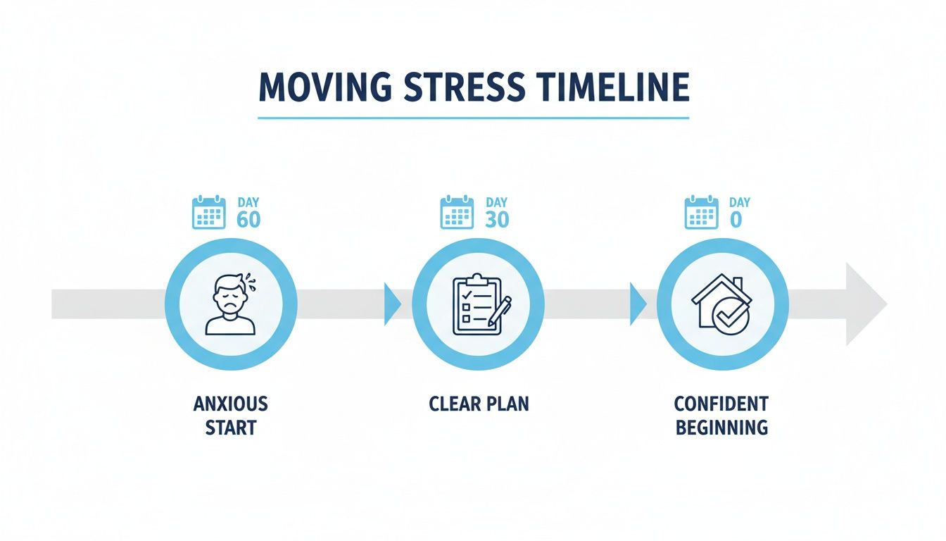 Moving stress timeline infographic showing progression from an anxious start to a confident move.