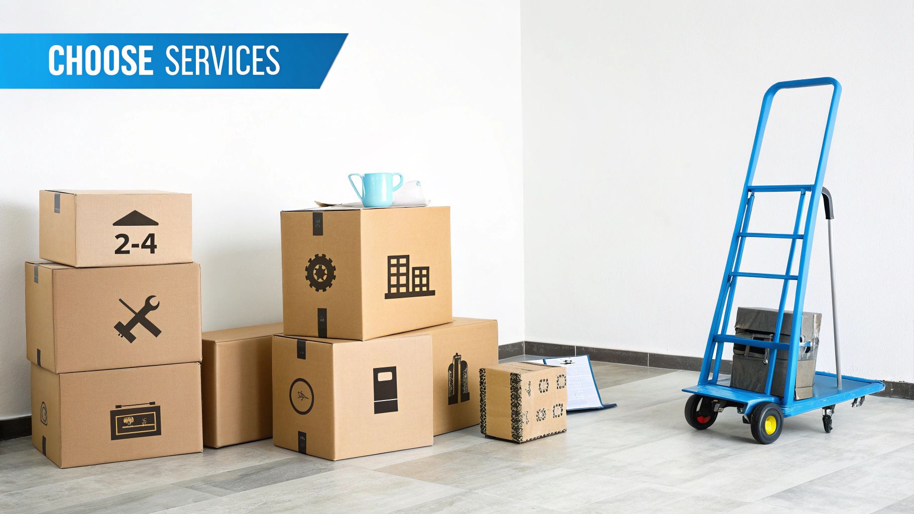 Cardboard moving boxes with service icons and a blue hand truck, illustrating moving services.