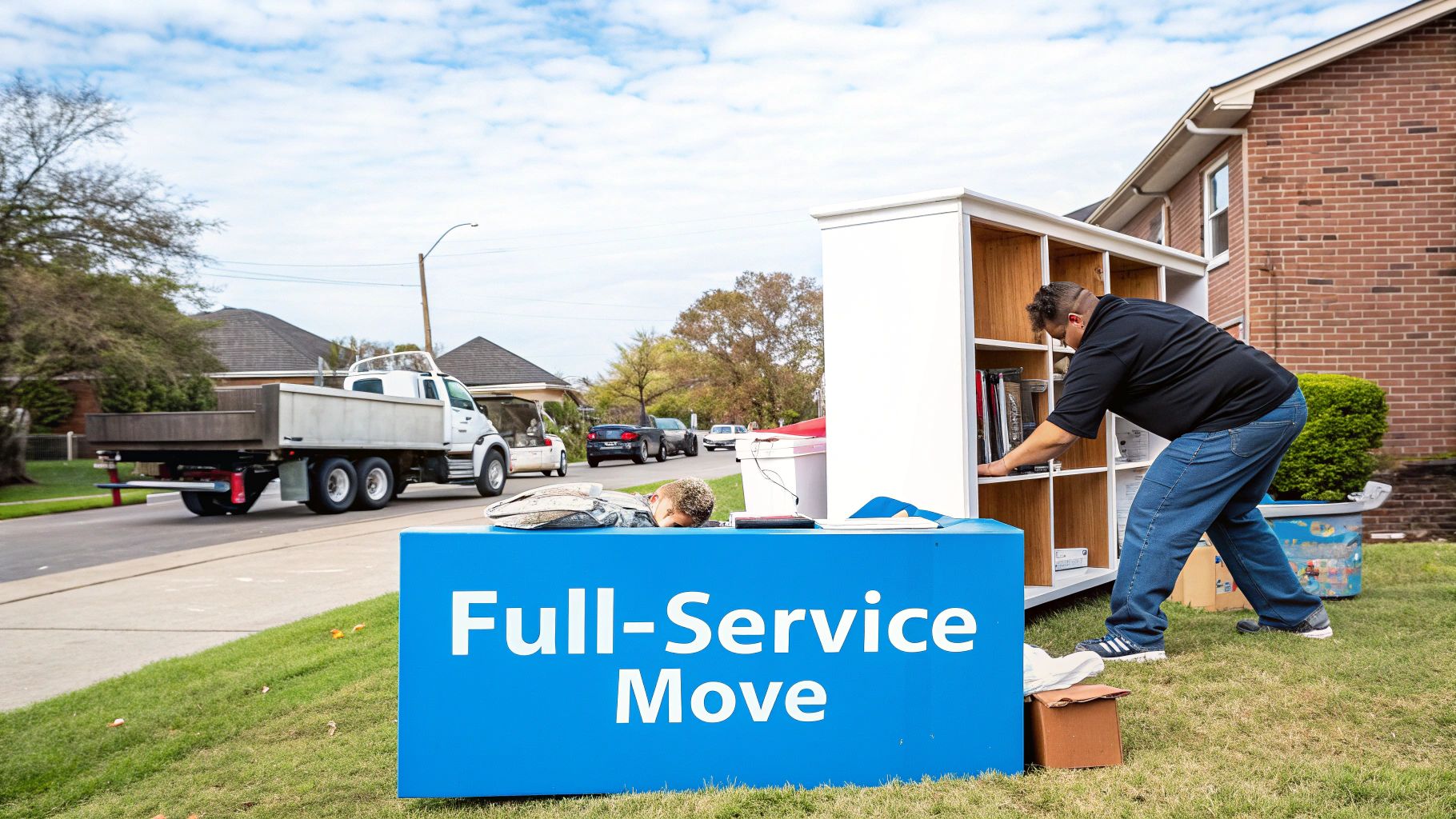 A full-service move in progress with a person loading a bookshelf, a truck on the street, and a blue sign.