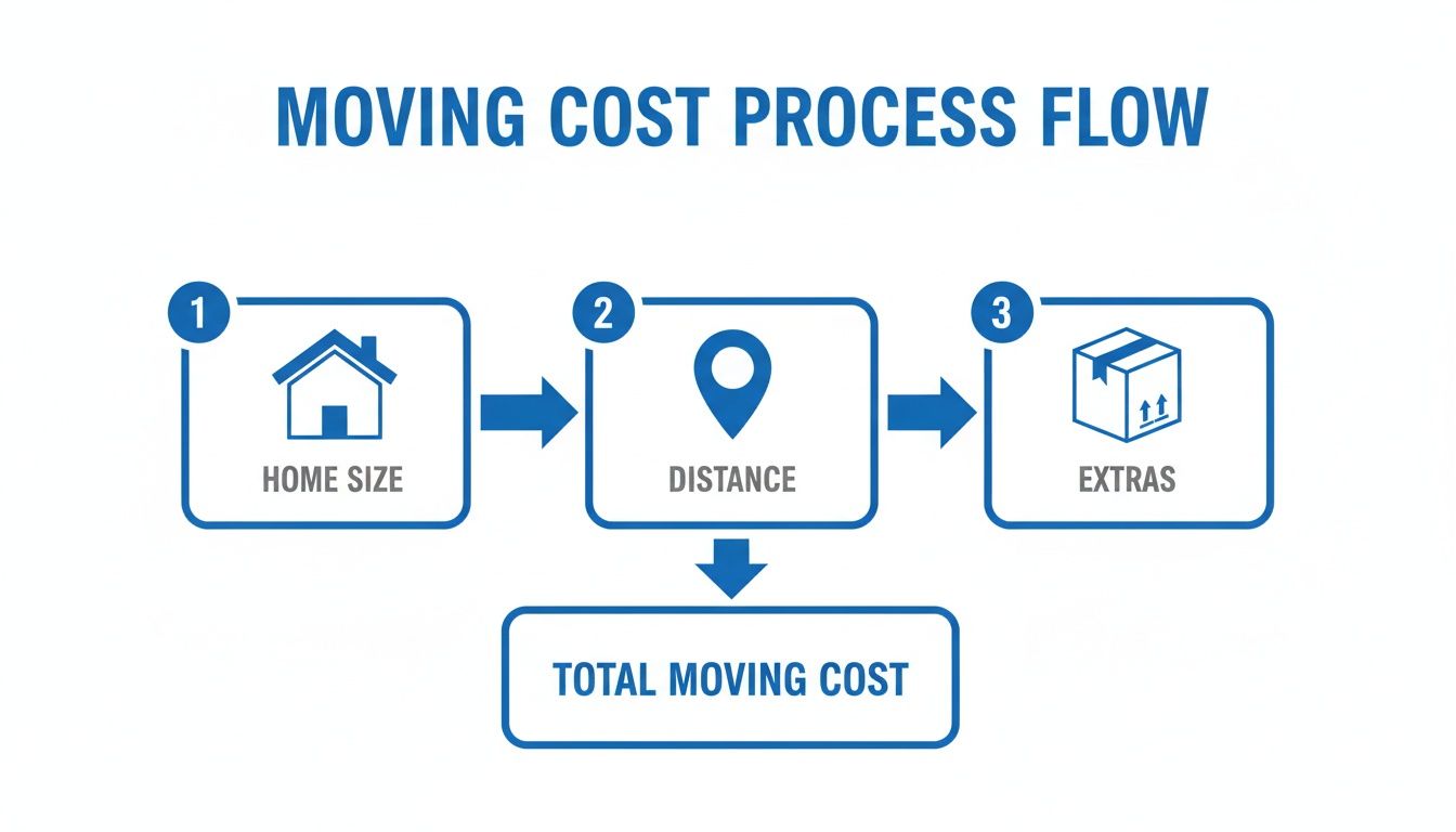 A process flow diagram illustrates how home size, distance, and extras determine the total moving cost.
