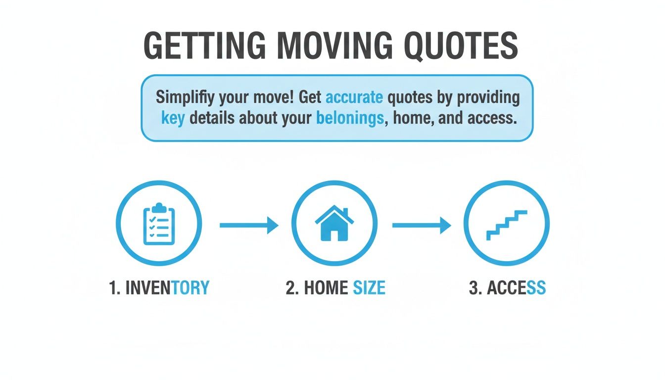 An infographic showing three steps to get accurate moving quotes: inventory, home size, and access.