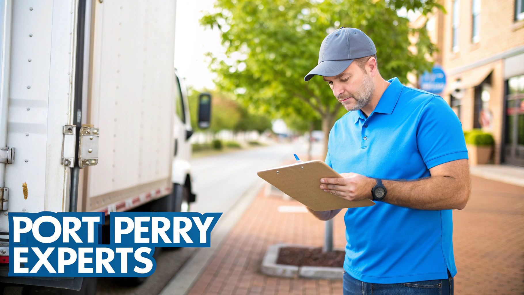 A delivery man in a blue polo shirt and cap writes on a clipboard next to a white truck.