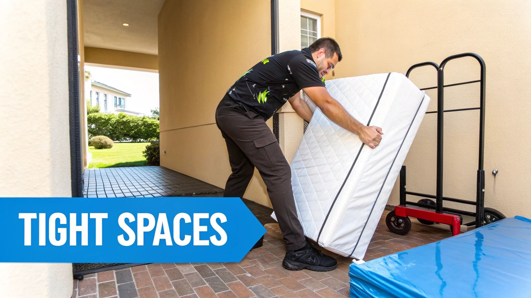 A man carefully moves a large white mattress through a narrow doorway, highlighting moving in tight spaces.