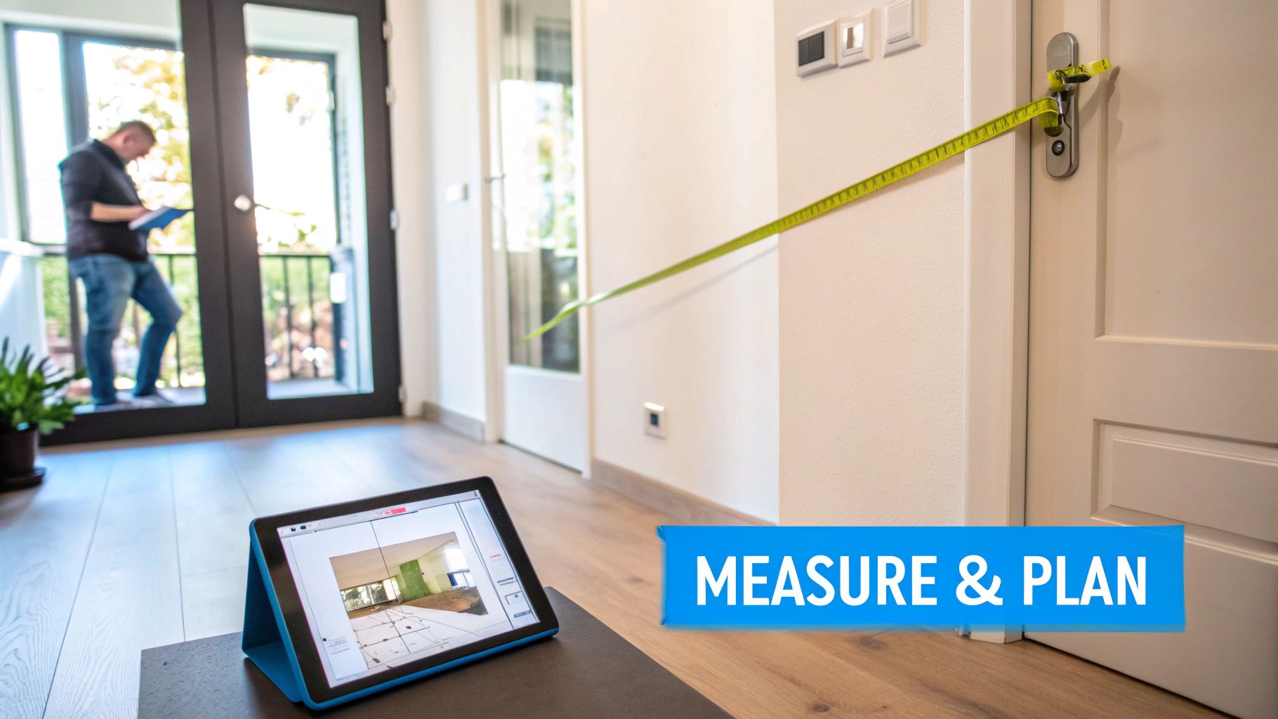 A measuring tape spans a room with a tablet displaying a floor plan, and a man reviewing plans.