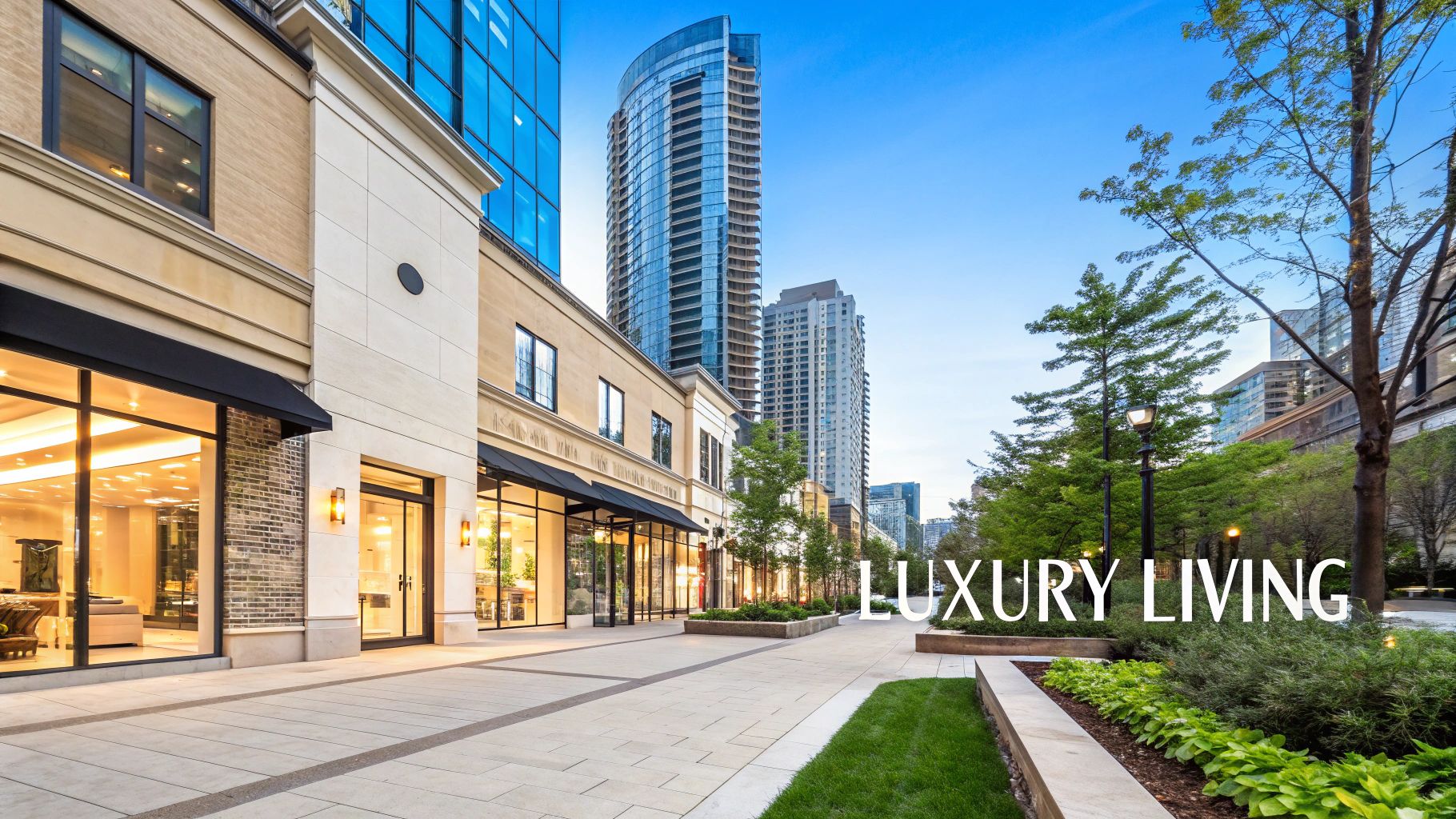 A modern pedestrian street lined with luxury shops and high-rise buildings, depicting upscale urban living.