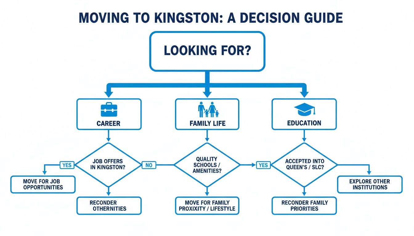 Decision guide flowchart for moving to Kingston, covering career, family life, and education options.