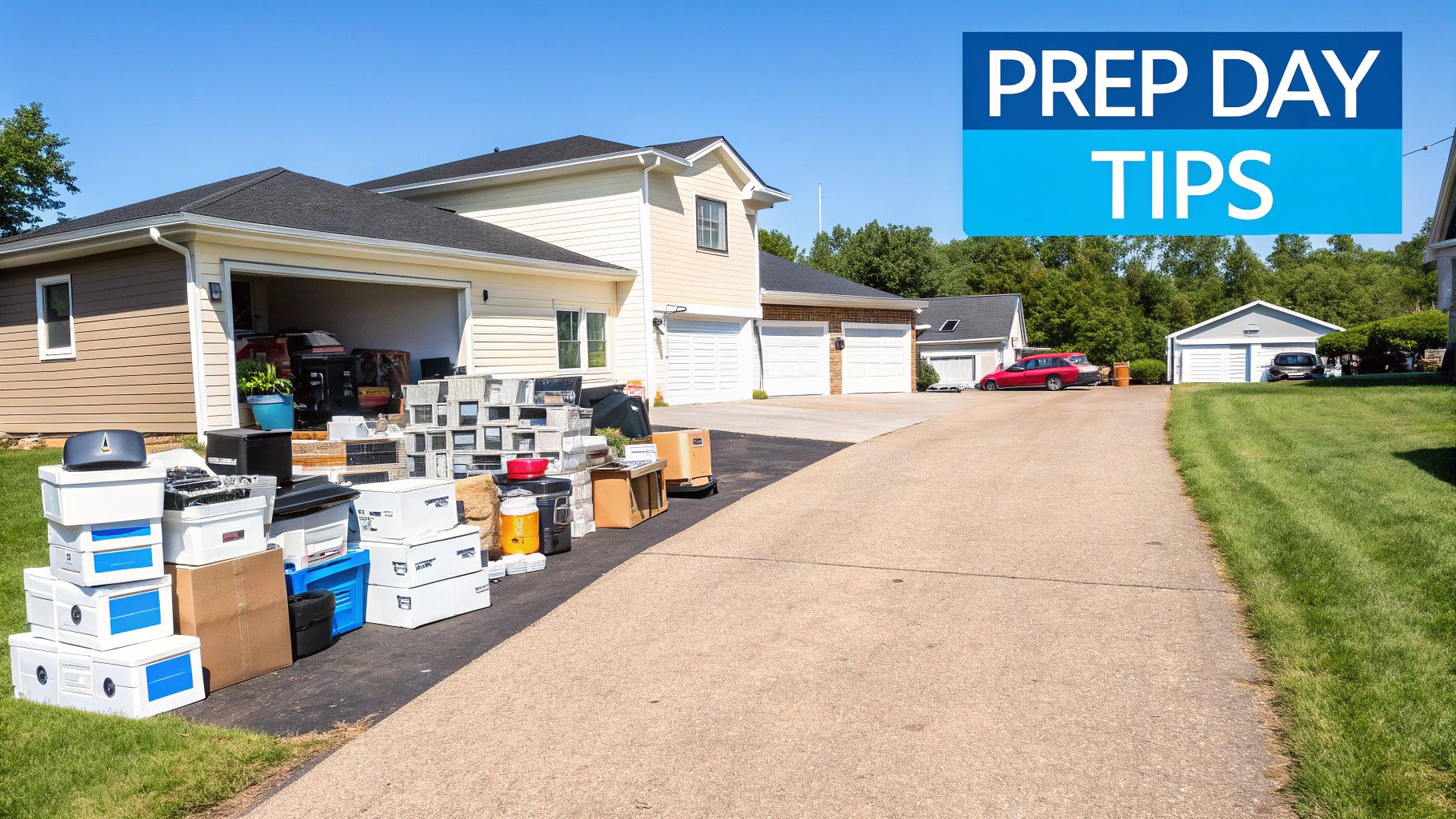 A suburban house driveway cluttered with boxes and various items being prepared for junk removal.