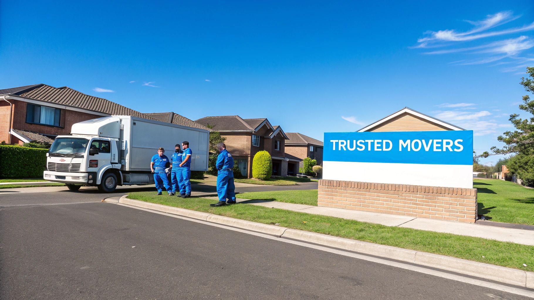 A white moving truck and three movers in blue uniforms on a residential street with a 'Trusted Movers' sign.