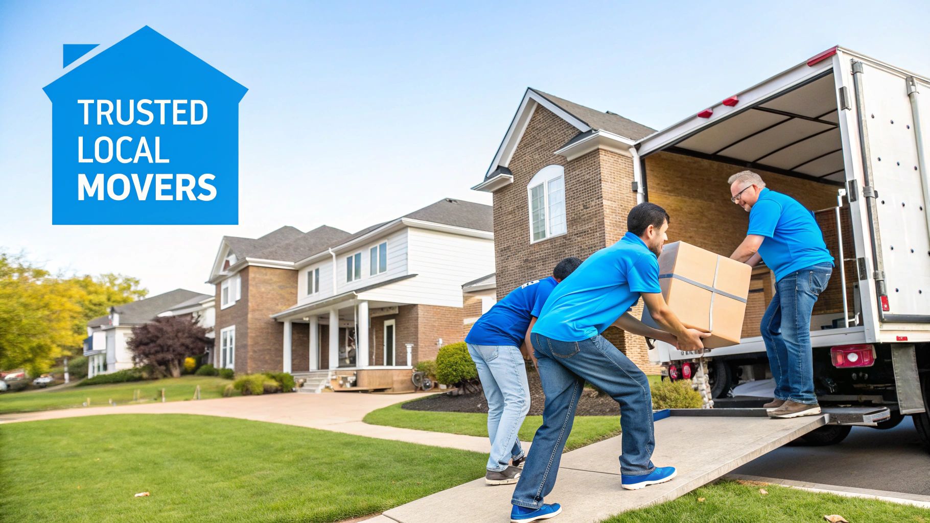 Professional movers loading a large box onto a moving truck with a ramp in a residential neighborhood, featuring a 'Trusted Local Movers' logo.