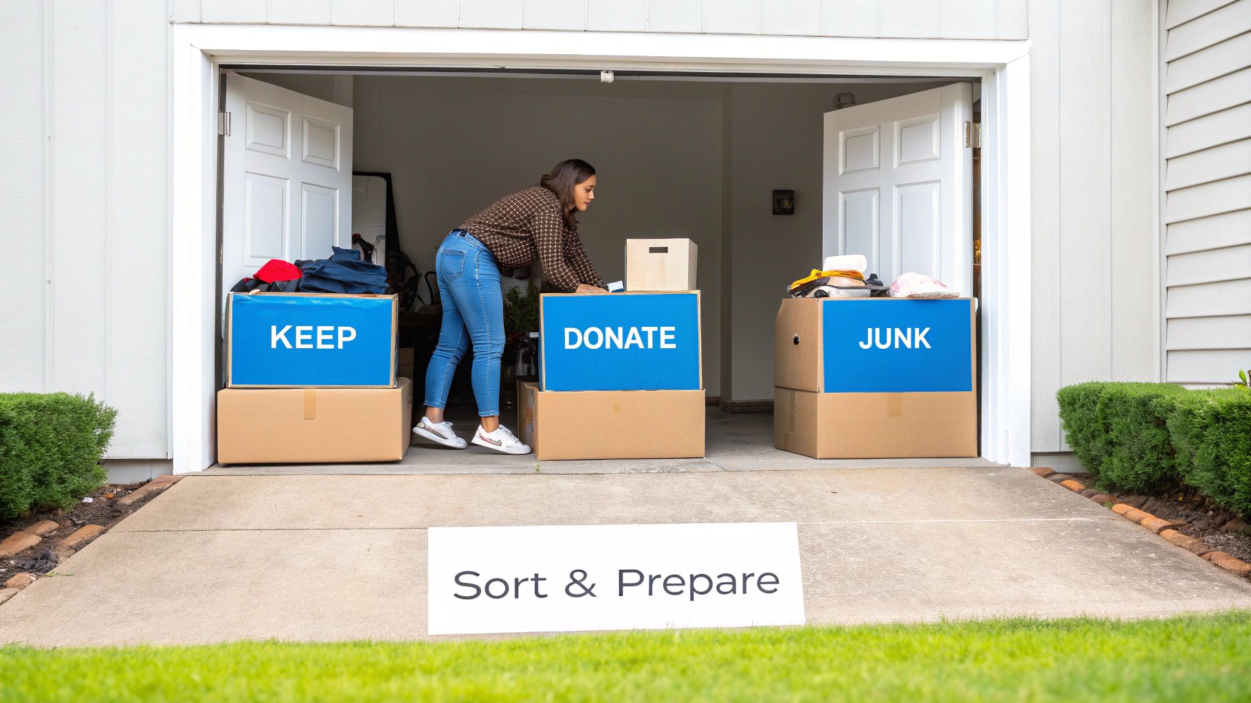 Woman organizing belongings into labeled boxes for keeping, donating, and junk removal outside a garage.