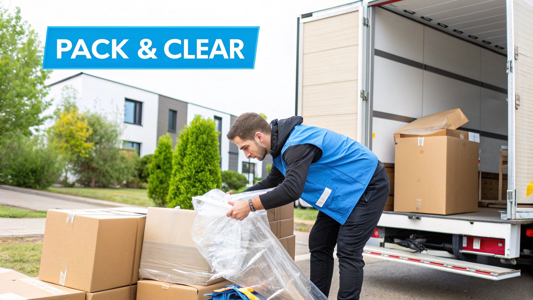 A man in a blue vest packs items into plastic, surrounded by cardboard boxes next to a moving truck.