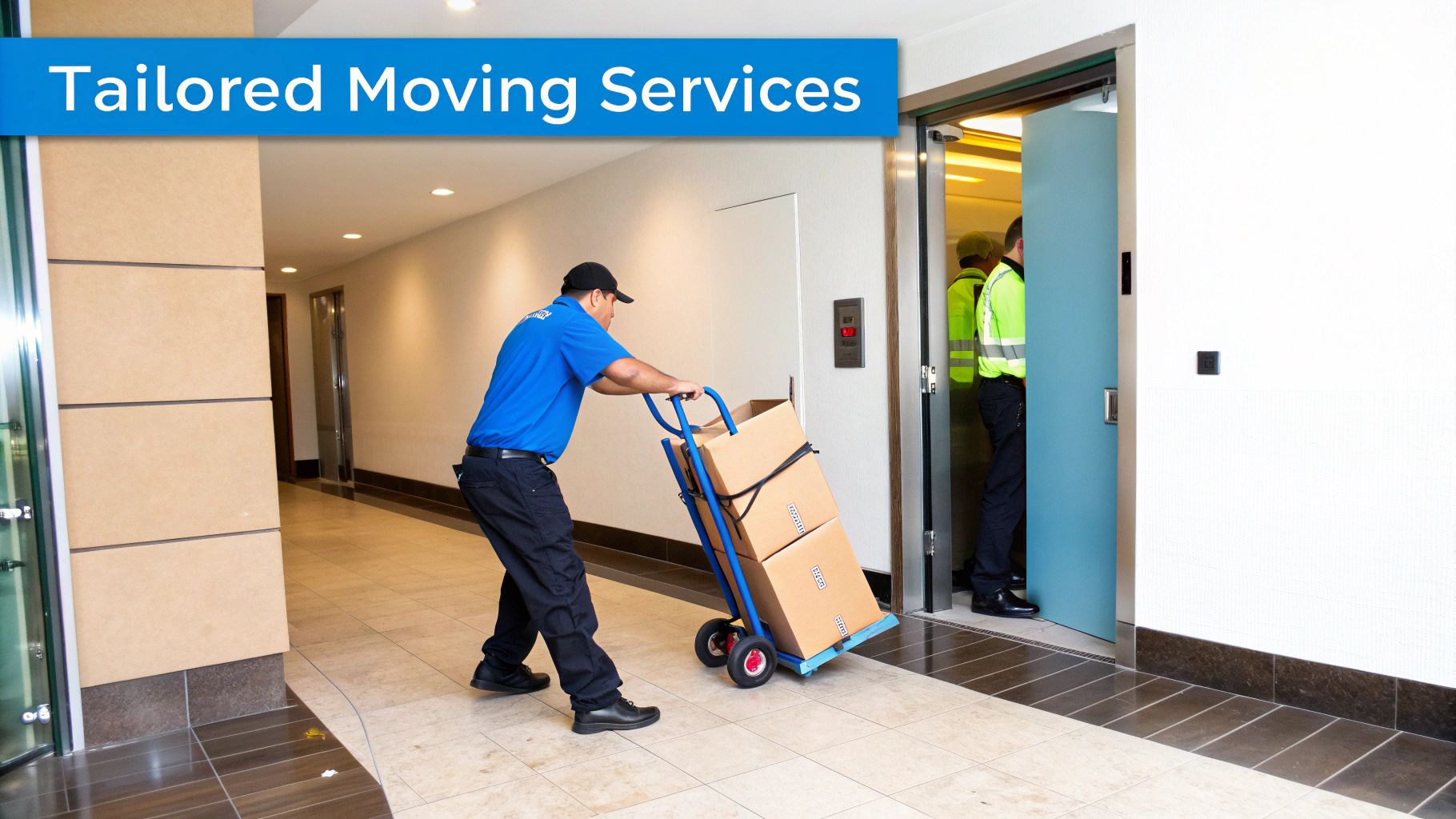 A moving service worker pushes boxes on a hand truck into an elevator in an office building.