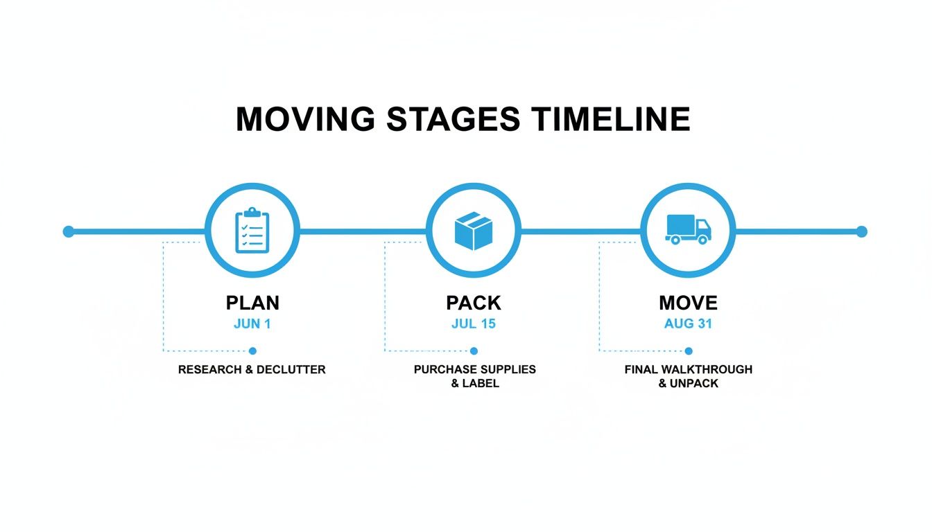 A moving stages timeline showing plan, pack, and move stages with dates and associated tasks.
