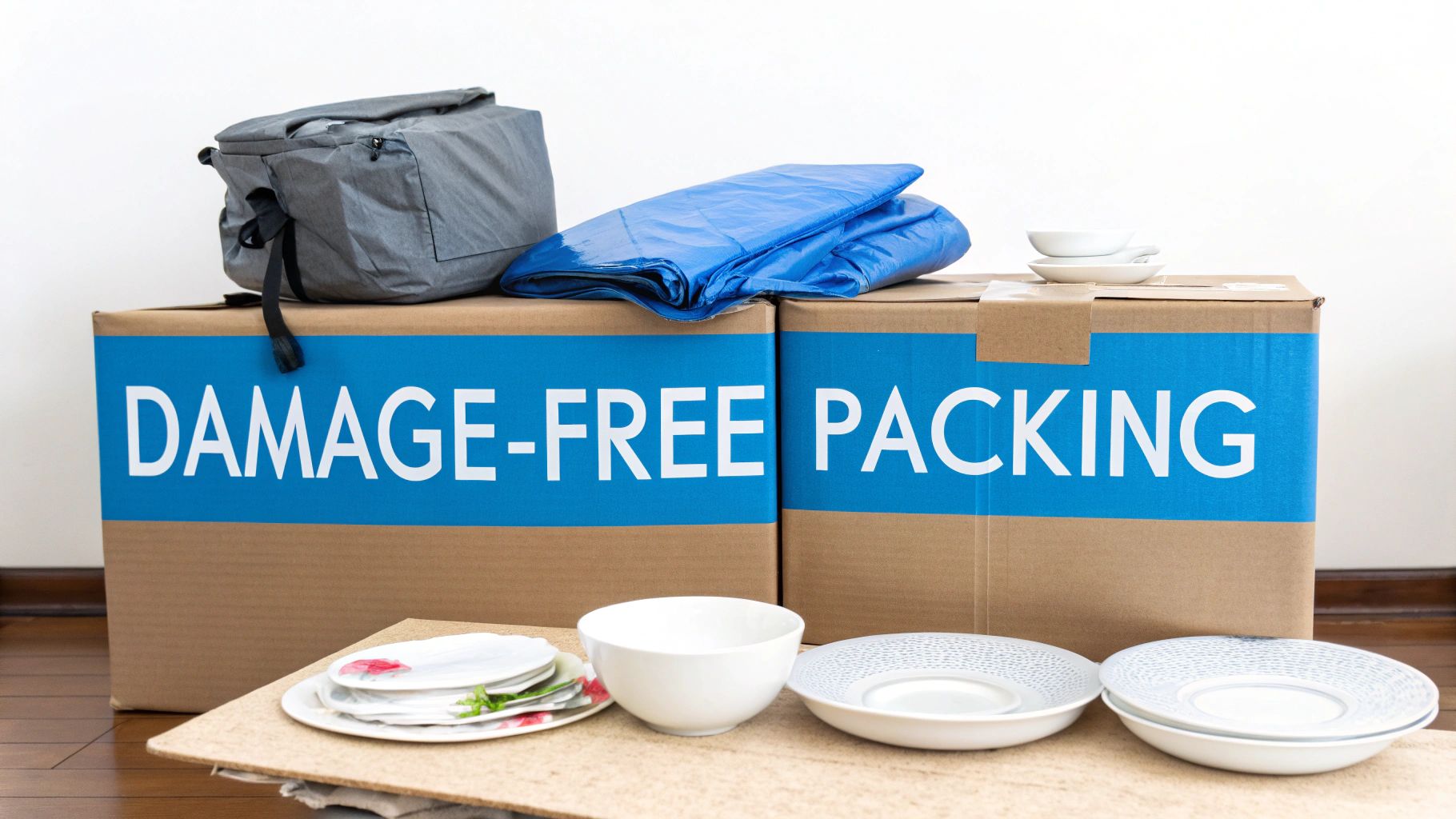 Moving boxes labeled 'DAMAGE-FREE PACKING' with dishes and packing supplies nearby.