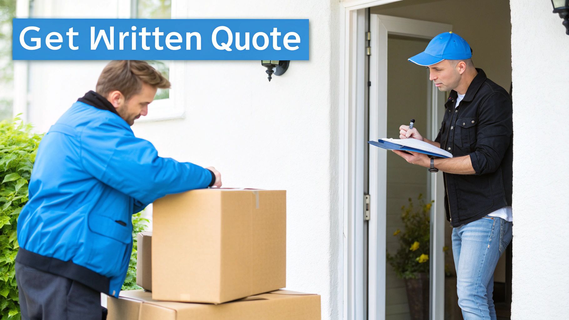 Two delivery men or movers handle brown boxes, one signing a clipboard at a residential doorway.