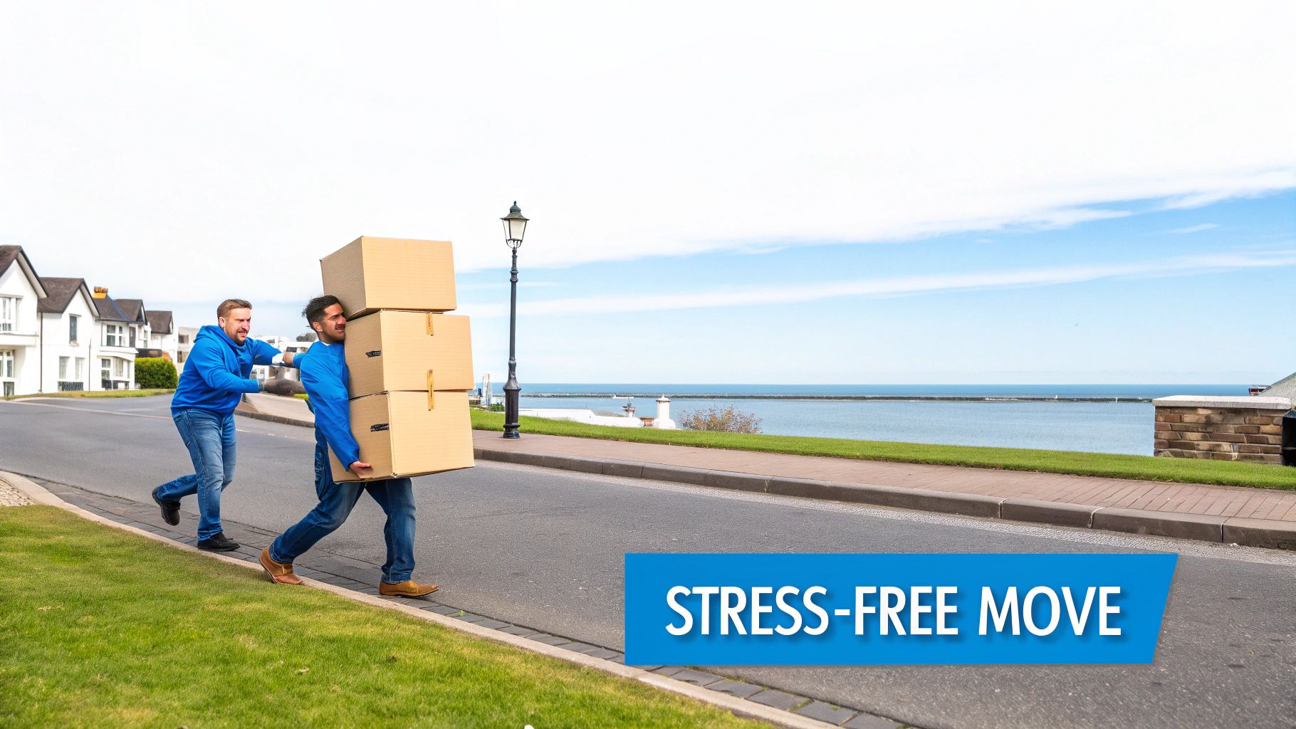 Two men in blue moving cardboard boxes down a street with houses and the sea in the background.