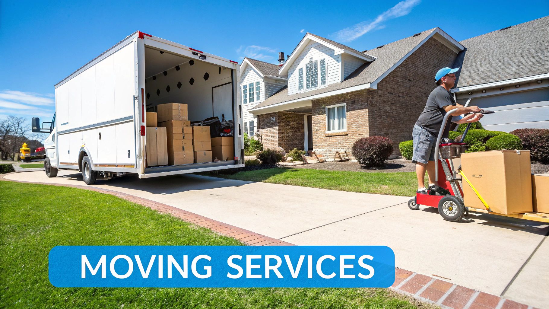 Professional movers unload cardboard boxes from a white truck into a suburban house's driveway.