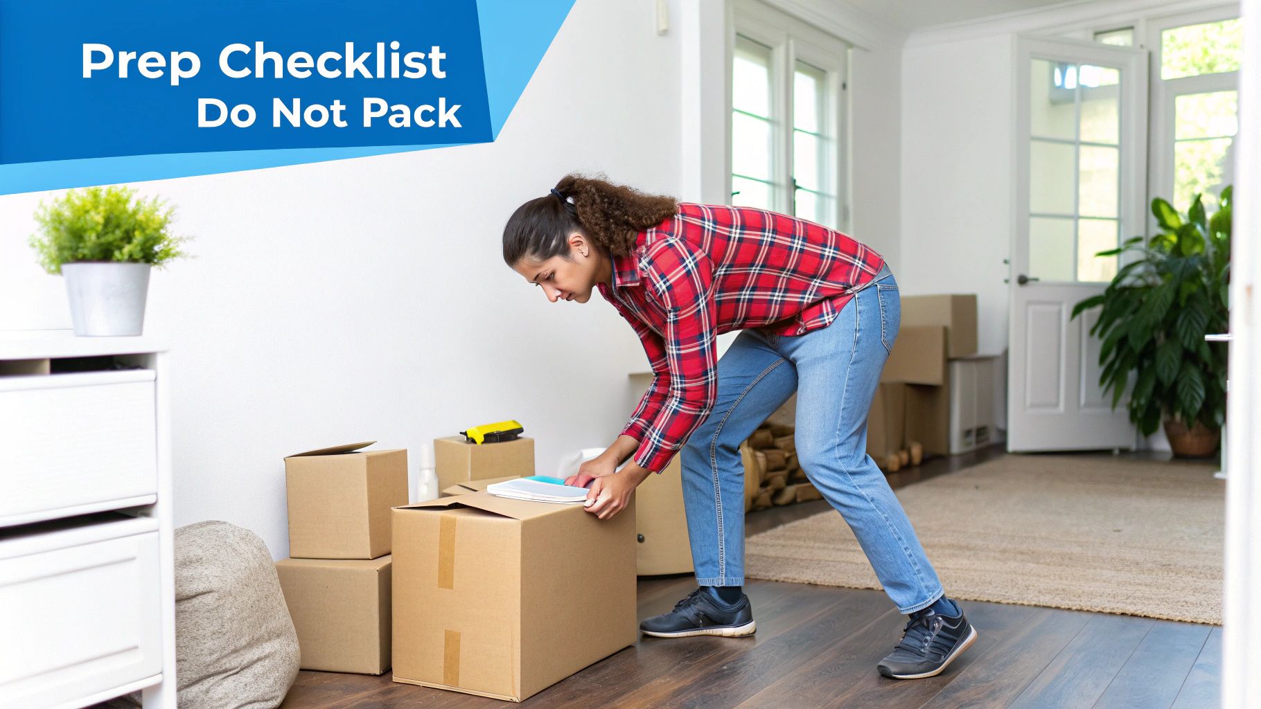 A person carefully placing items into a moving box, surrounded by other cardboard boxes.