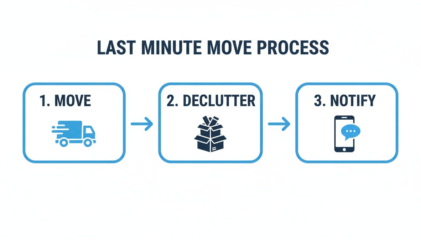 Infographic detailing a three-step 'Last Minute Move Process': Move, Declutter, Notify, with icons.