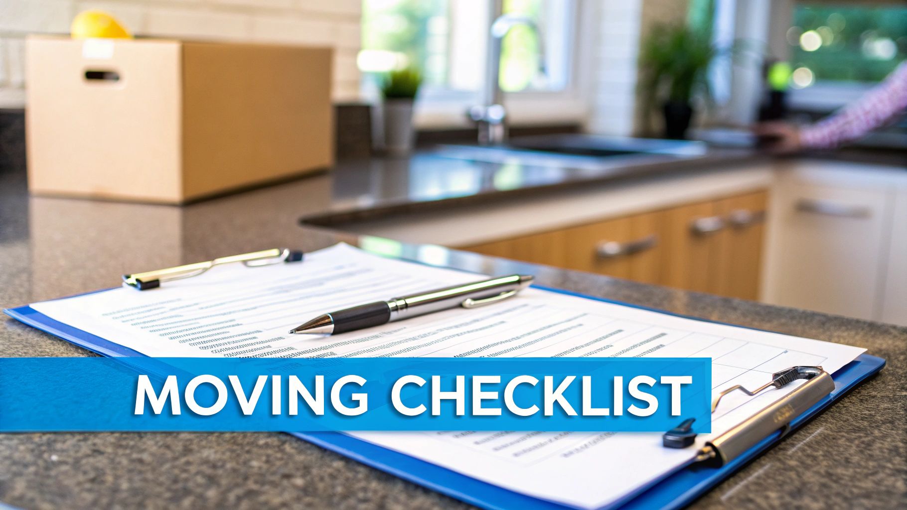 A moving checklist on a blue clipboard with a pen on a kitchen counter, next to a moving box.
