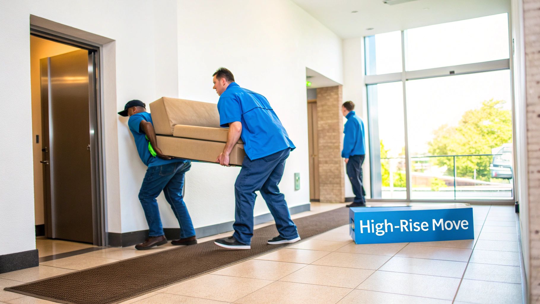 Professional movers transport a beige couch through a modern building hallway for a high-rise move.