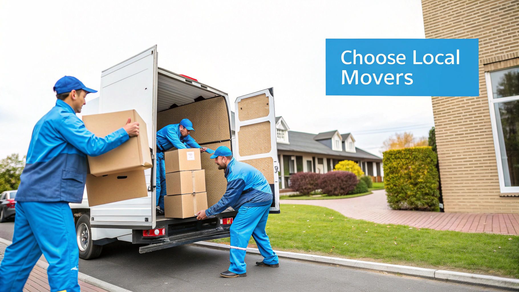 Three local movers in blue uniforms loading cardboard boxes into a white moving truck.