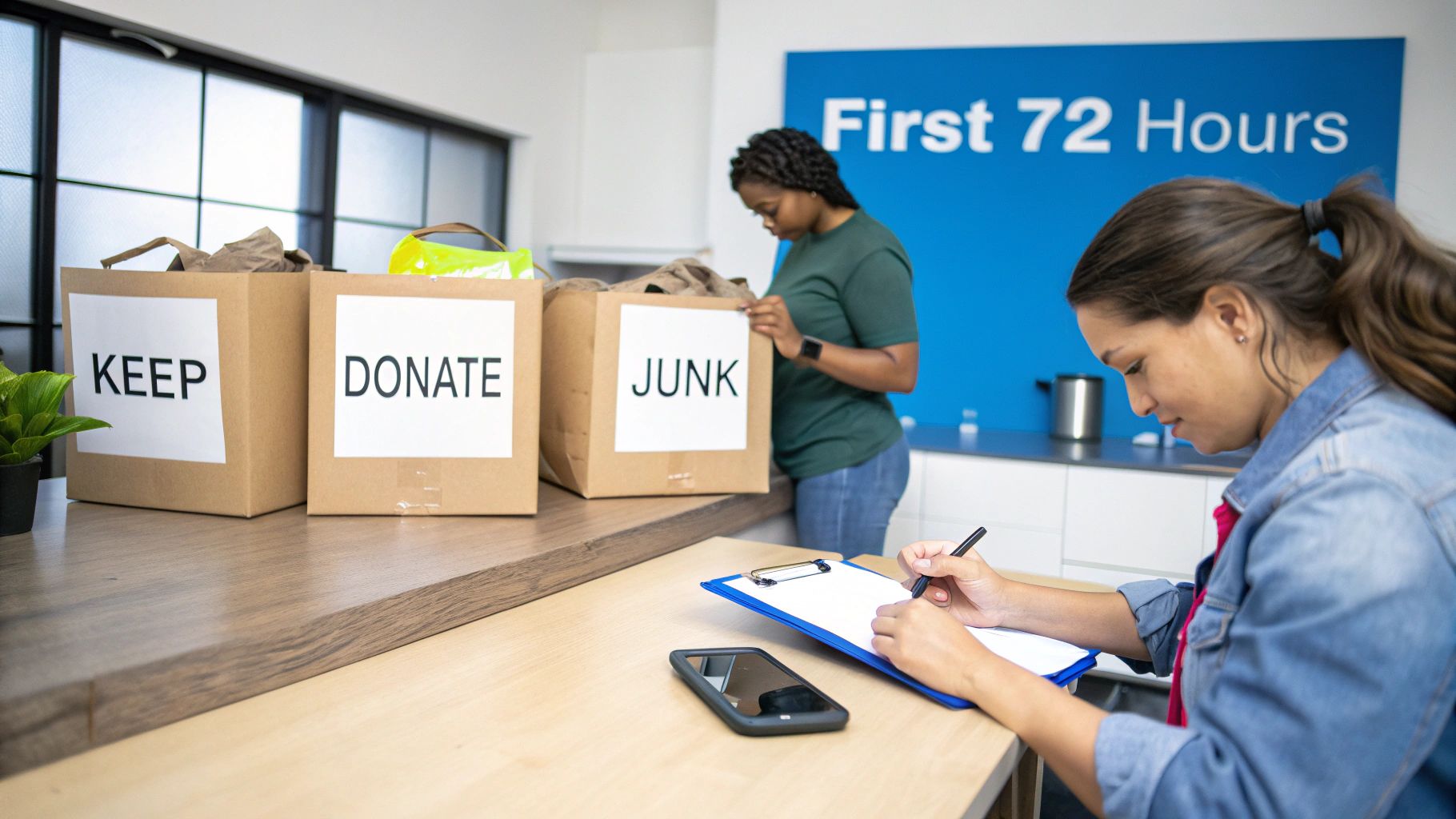 Women efficiently sorting belongings into labeled boxes for keeping, donating, and discarding during a move.
