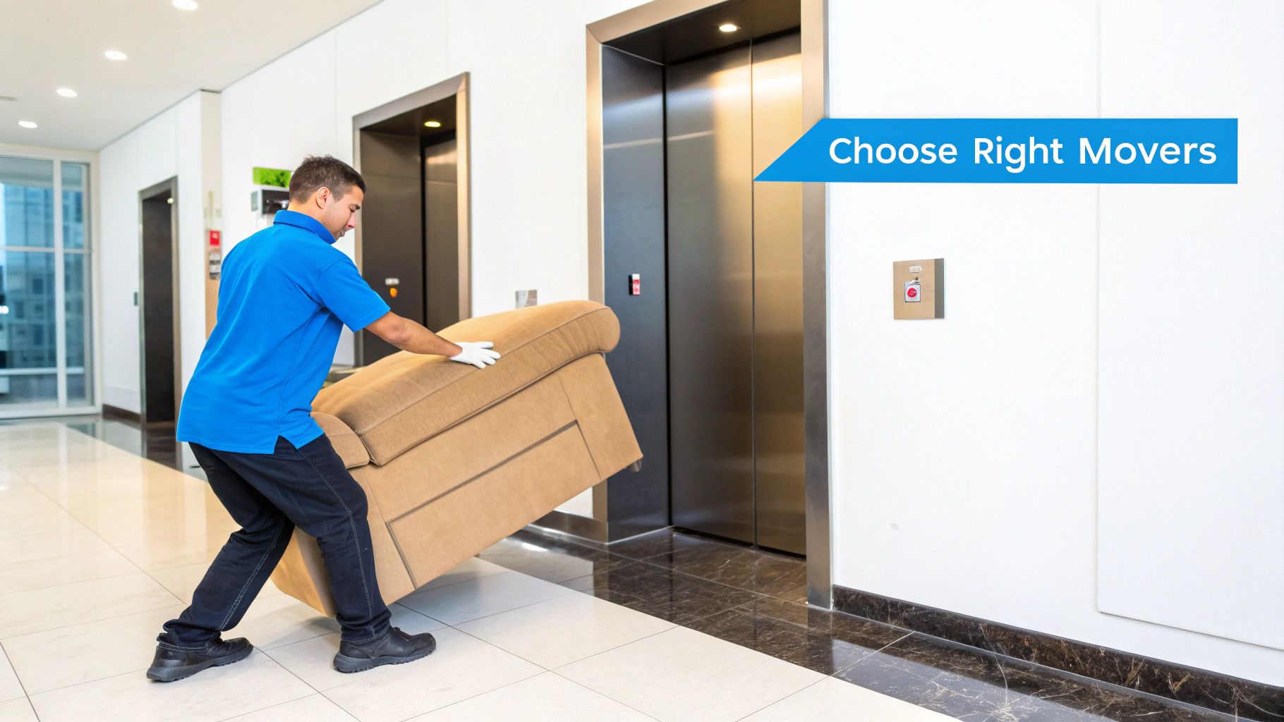 A professional mover in a blue shirt carefully transports a brown sofa toward an elevator.