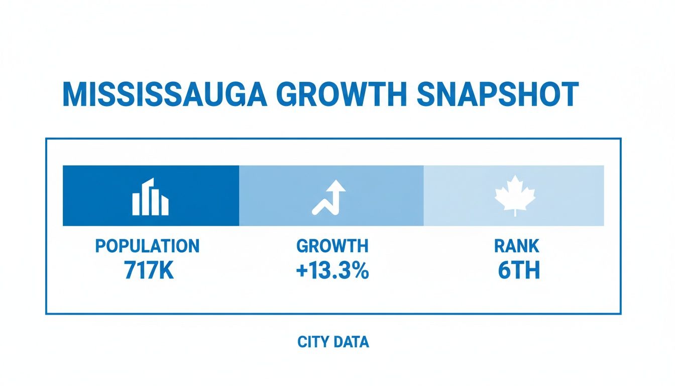 Mississauga growth snapshot displaying population (717K), growth (+13.3%), and its 6th rank.