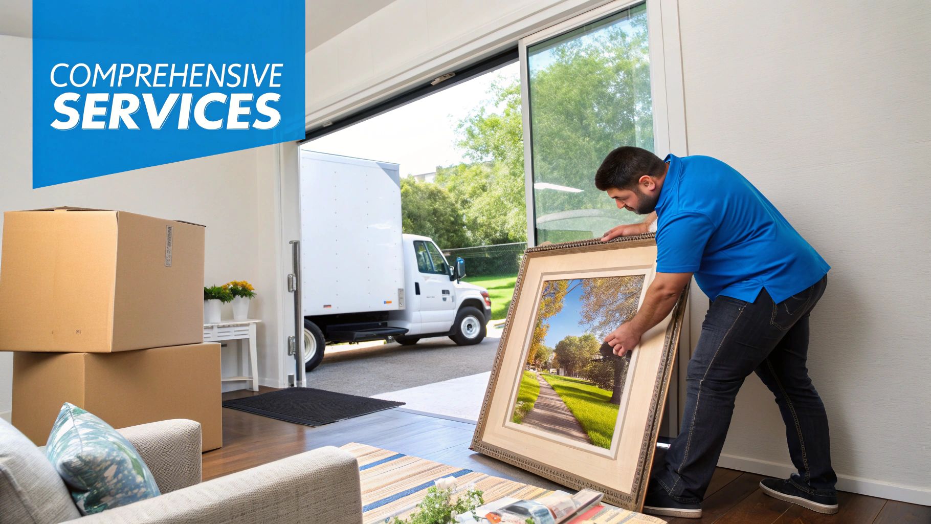 A man moves a large framed picture inside a home with moving boxes and a truck outside, indicating comprehensive moving services.