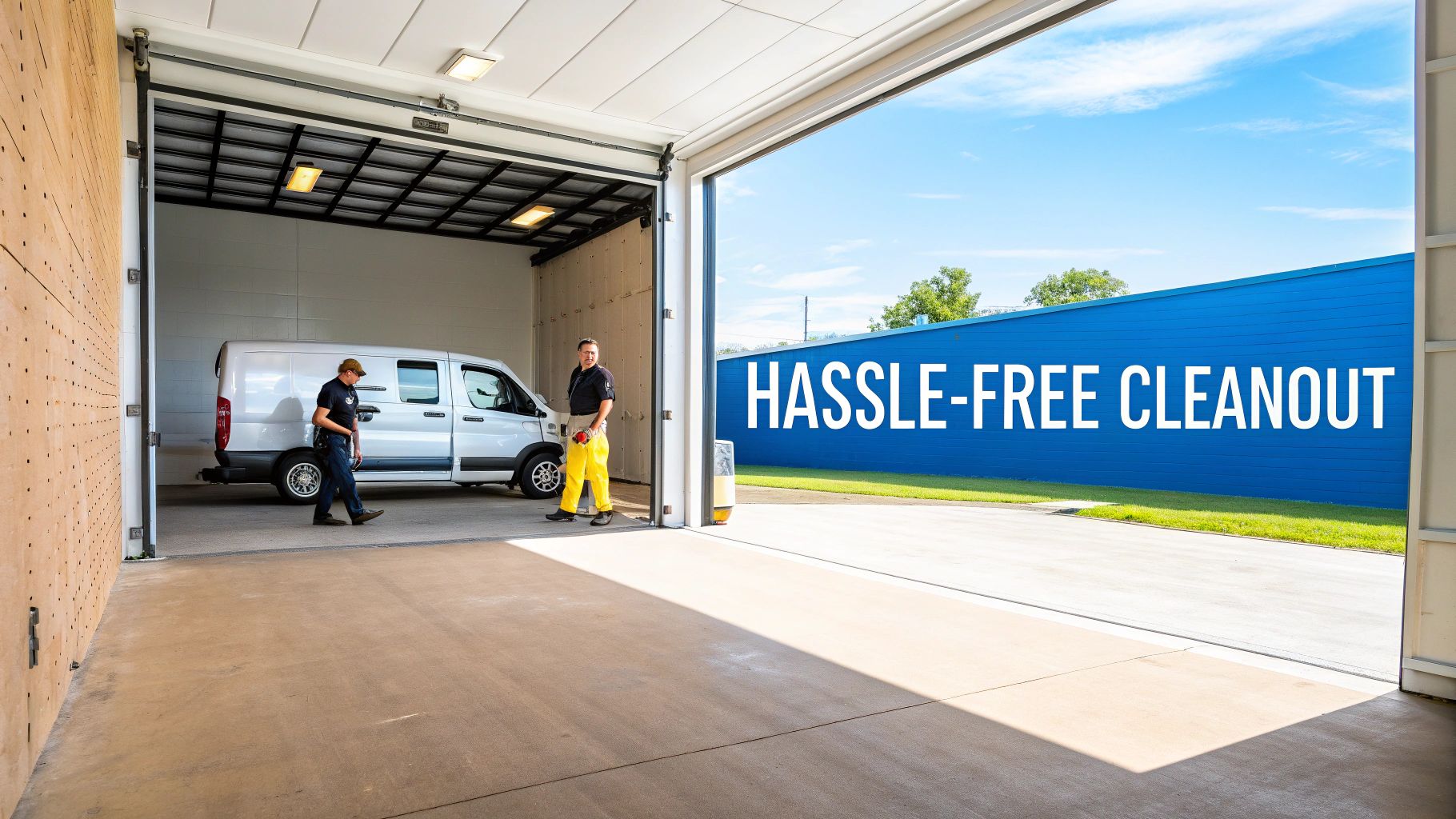 Professional junk removal service with a white van in a clean garage and 'HASSLE-FREE CLEANOUT' signage.