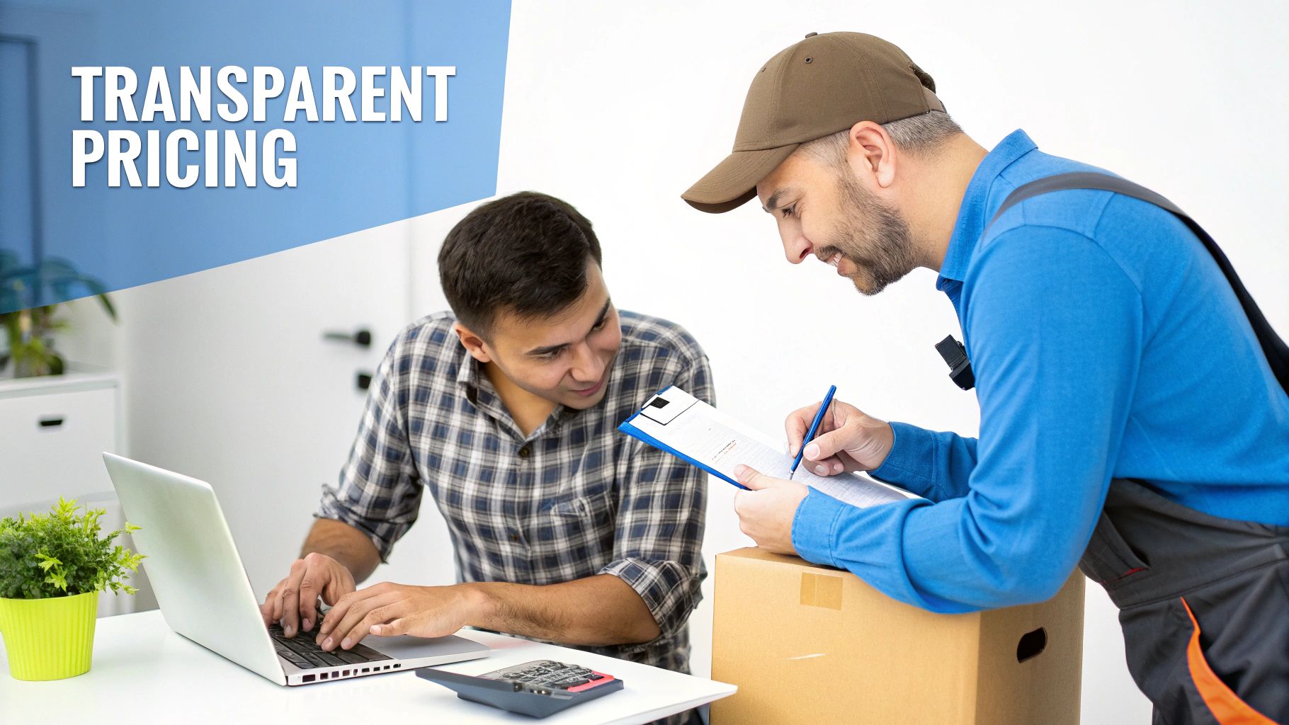 A mover and a customer review paperwork and use a laptop, emphasizing transparent pricing.