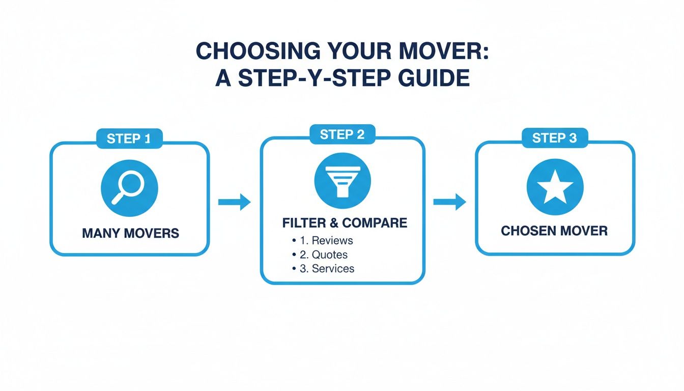 A step-by-step guide flowchart for choosing a mover, from many options to a chosen one.