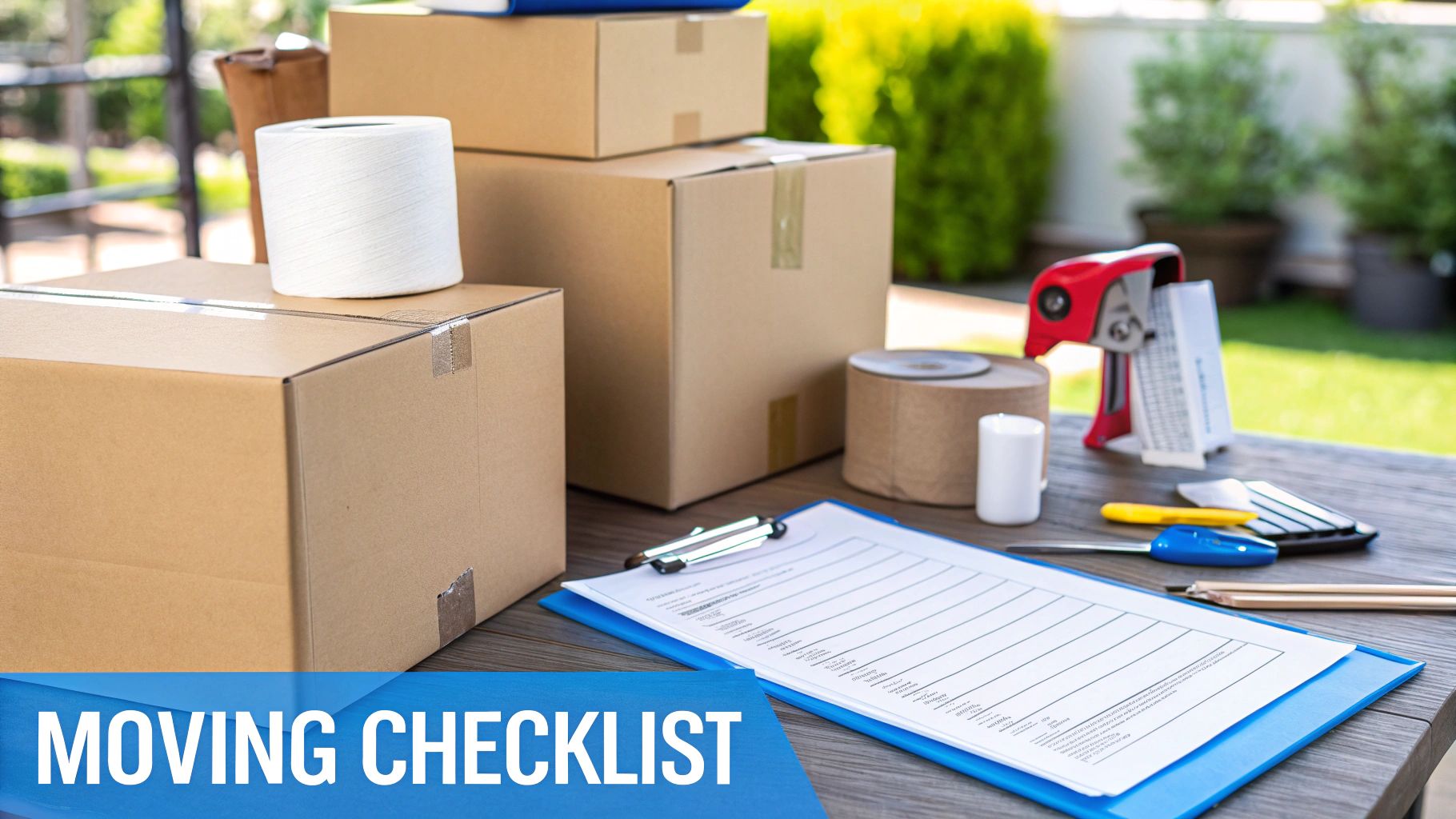 A comprehensive moving checklist alongside cardboard boxes, packing tape, and supplies on a table outdoors.