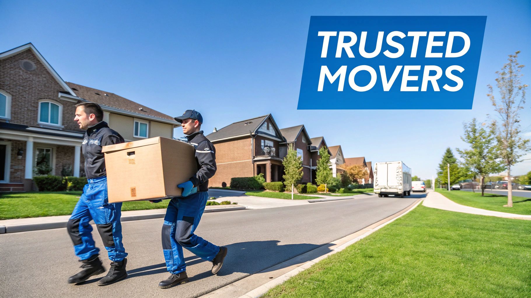 Two professional movers carry a box on a sunny residential street with a moving truck nearby.