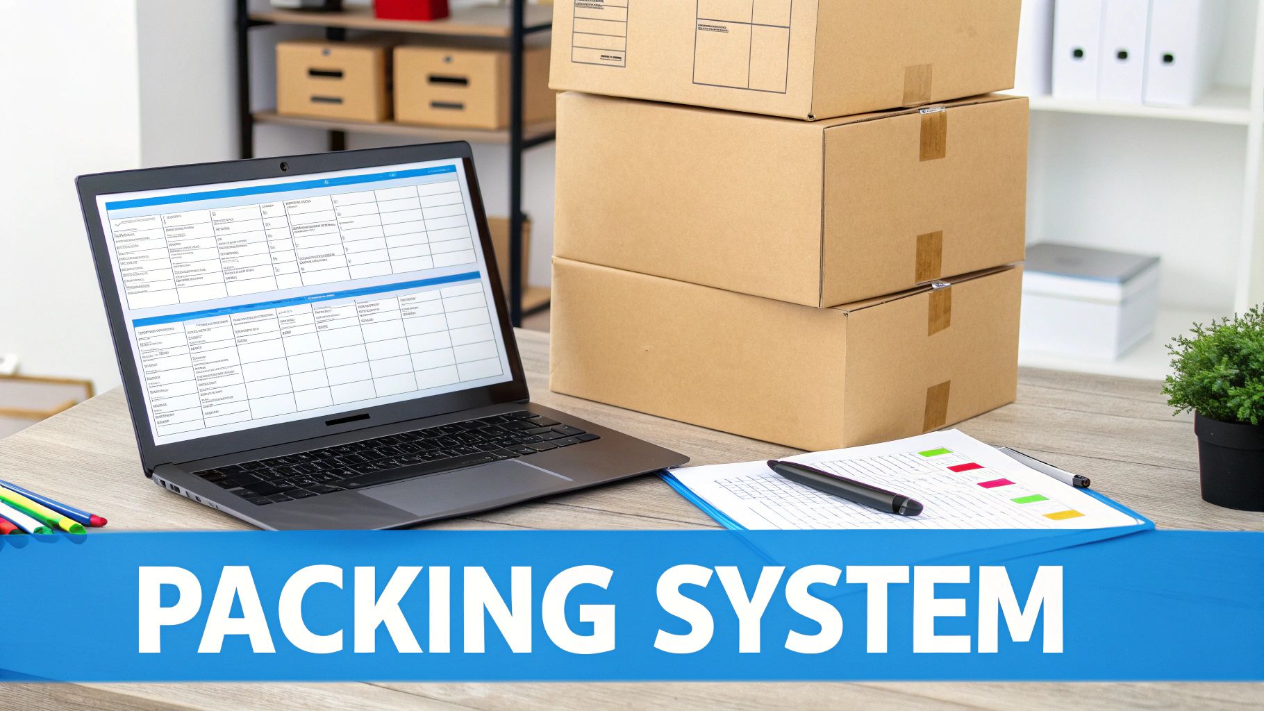 A desk setup featuring a laptop with a packing list, stacked cardboard boxes, and a clipboard.