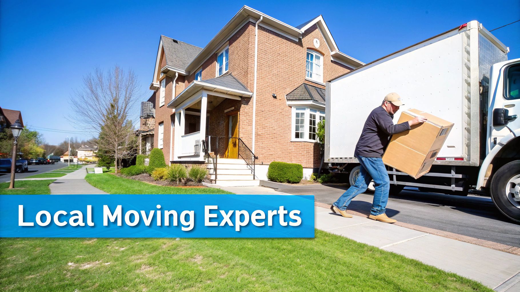 A man in a cap moving a large cardboard box from a white moving truck in front of a brick house.
