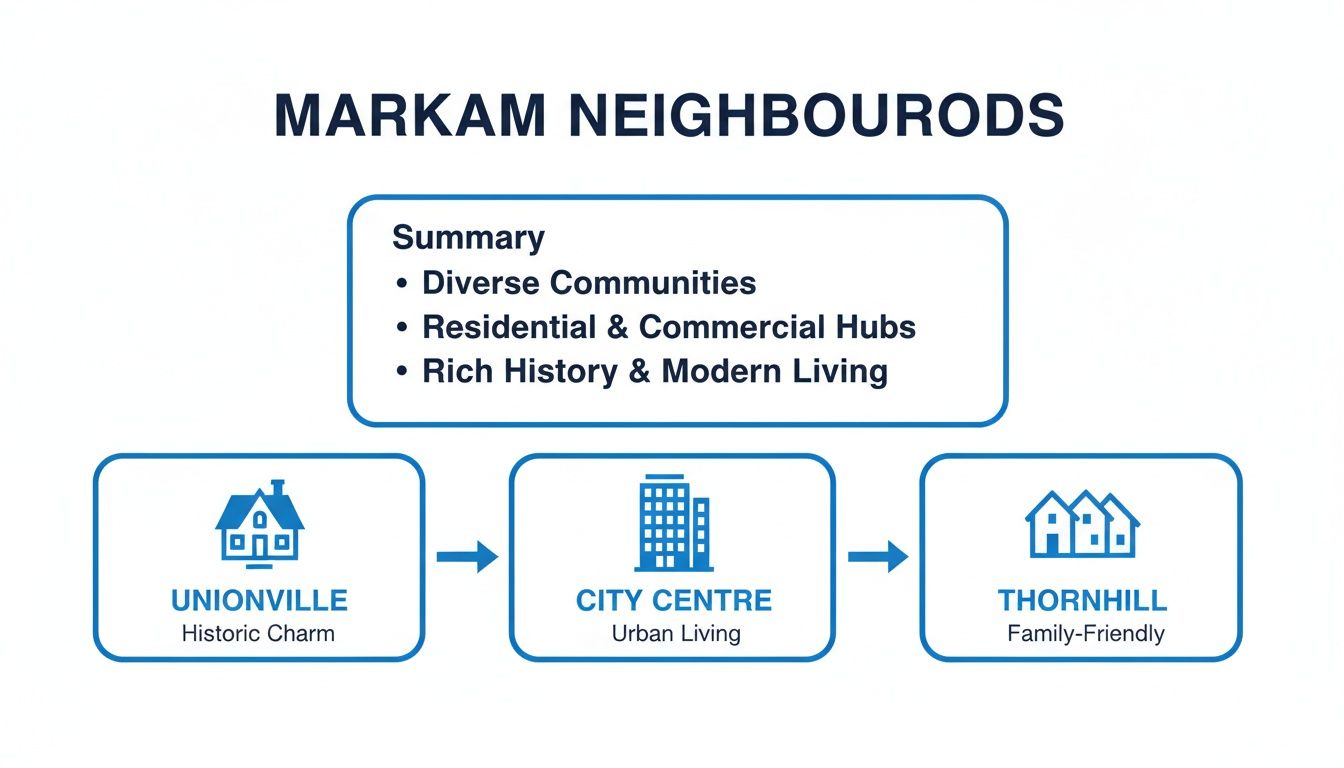 A diagram outlining Markham's diverse neighborhoods, including Unionville, City Centre, and Thornhill, with a summary.