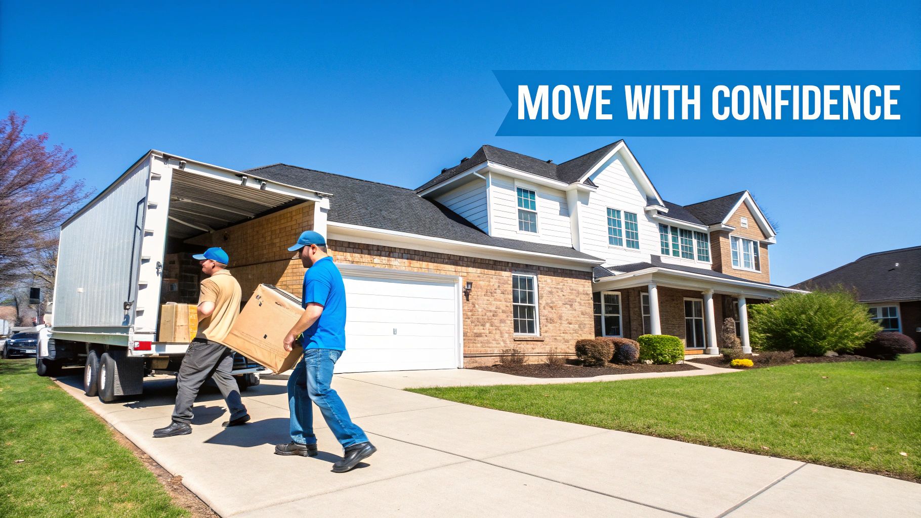 Two movers carry cardboard boxes from a large moving truck to a new brick house.